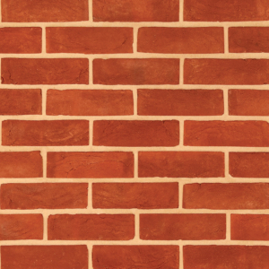Hampton Red handmade brick slips shown in a wall. The bricks have subtle colour variations and soft creases on the faces.