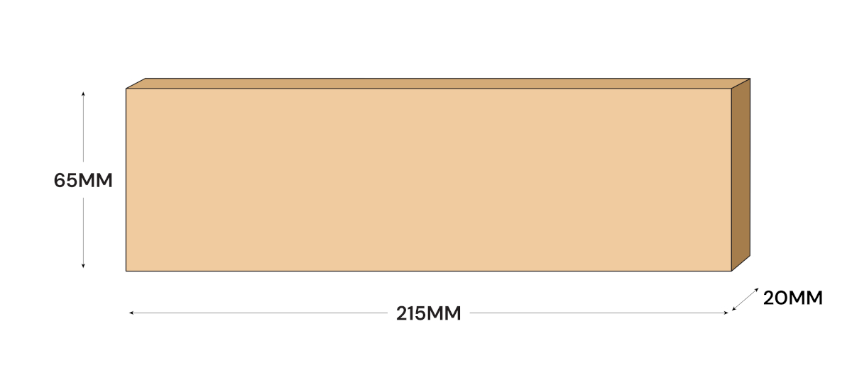 Drawing of a metric size brick slip with dimensions labelled as 215mm length, 102.5mm width and 20mm depth/thickness.