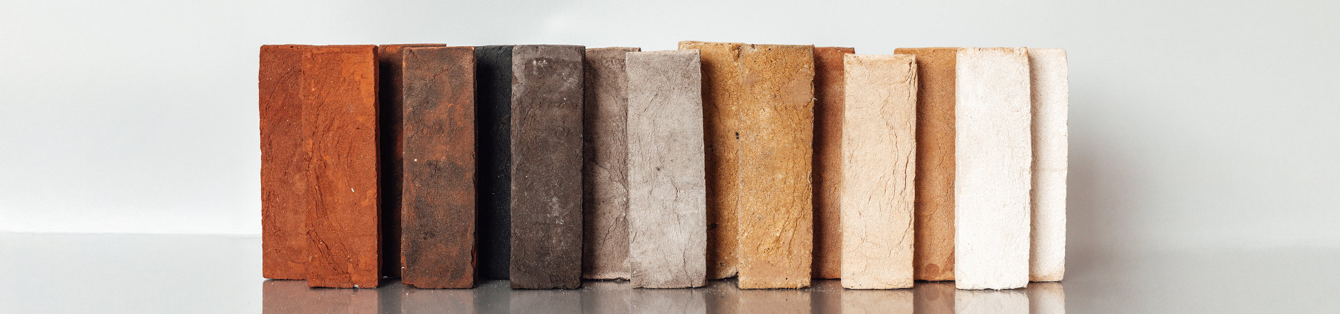 Row of loose handmade brick slips standing up on end against a white background. The colours are ordered in a gradient from red, to grey, yellow and white.