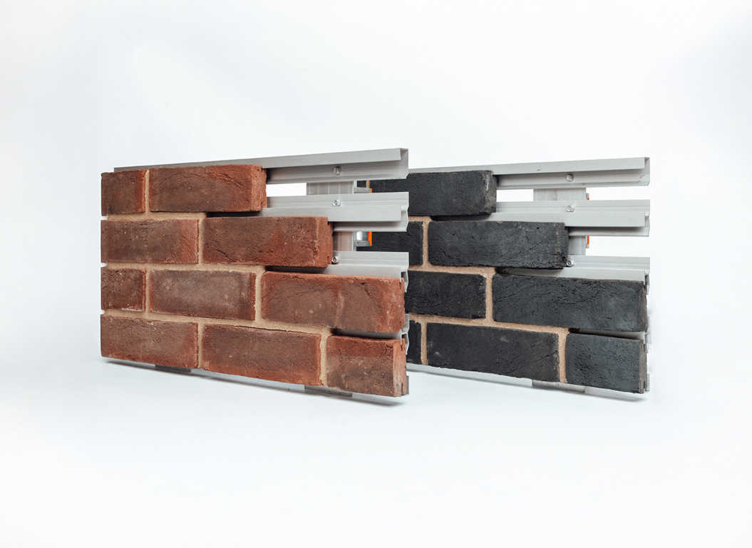 Handmade brick slips shown in a mechanical system on a white background