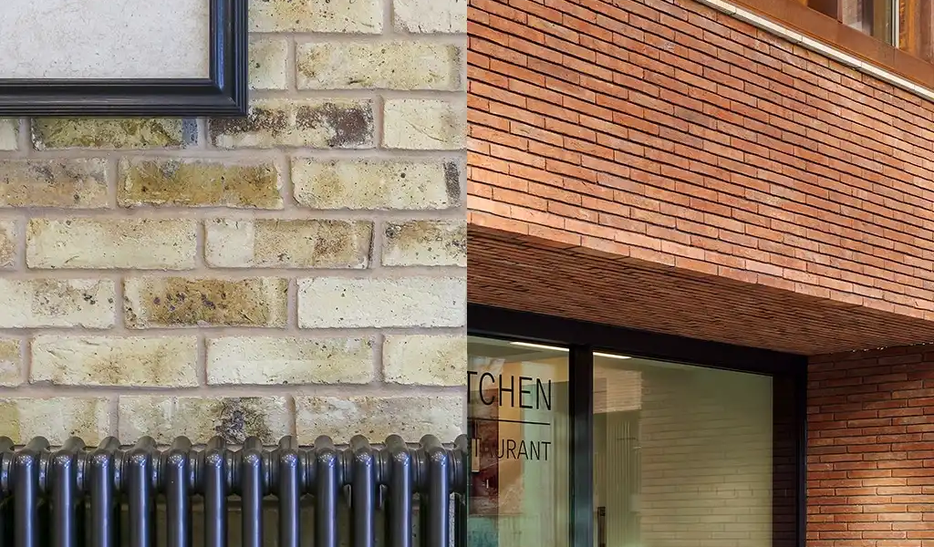 Internal and external comparison shots of handmade brick slips. A close up of yellow London slips used for an internal feature wall is shown on the left, and an external view of linear brick slips on The Bridgwater Hall building (Halle) is on the right.